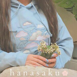 Leikya stitched hoodie new whale blue white pink sweater cute kawaii size large